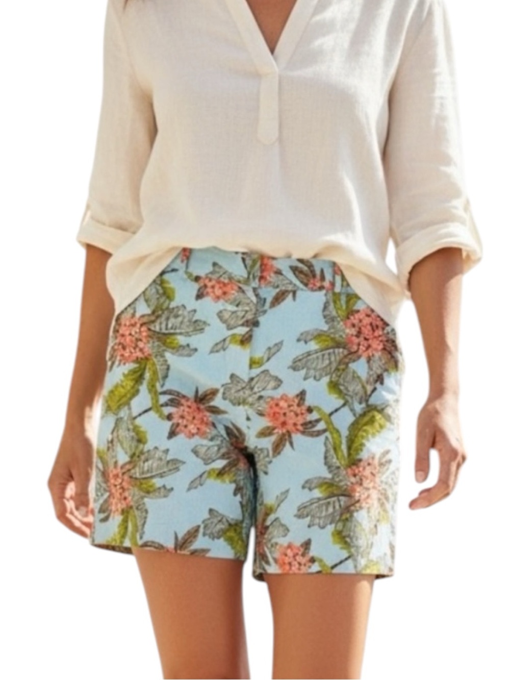 TALBOTS Linen Blend Floral Perfect Shorts in Lt. Blue/Peach Size 16 -- GORGEOUS!